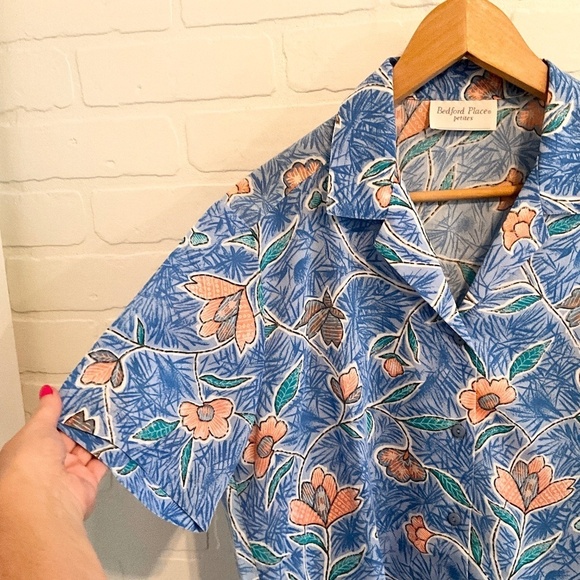 Vintage Button down shirt Floral print Aloha Blue Peach Aqua Sz 12 Petite - Picture 3 of 9